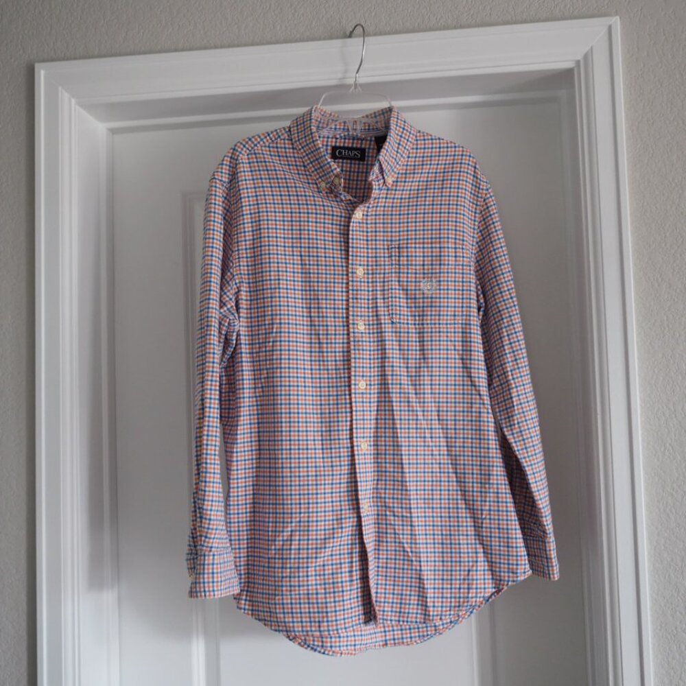 Chaps Men's Orange and Blue Checkered Button Down Long Sleeve Shirt Size Small